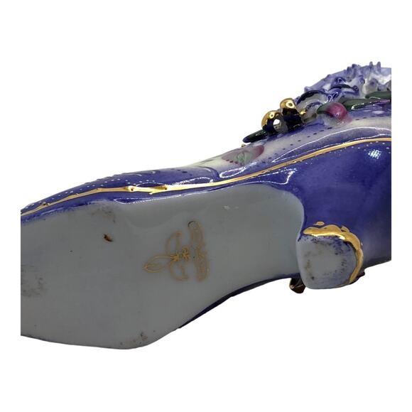 Vintage Inspired Ceramic Lace Ruffle Vivid Violet Flowers Boot Limoges - Picture 7 of 10